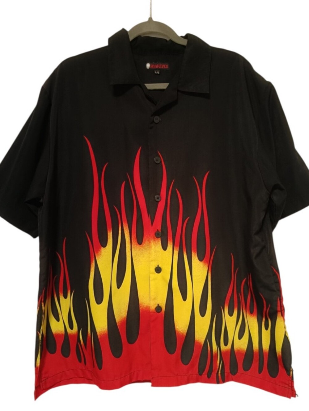 Men's Black Button-Down Shirt with Red & Yellow Flame Print Halloween Costume - Picture 3 of 11